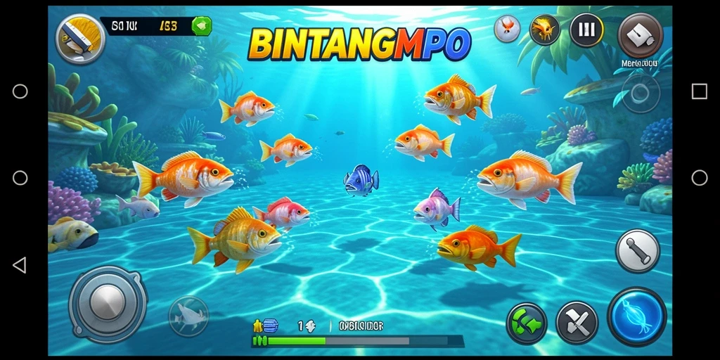 Tampilan gameplay BINTANGMPO dengan efek menembak ikan yang seru.