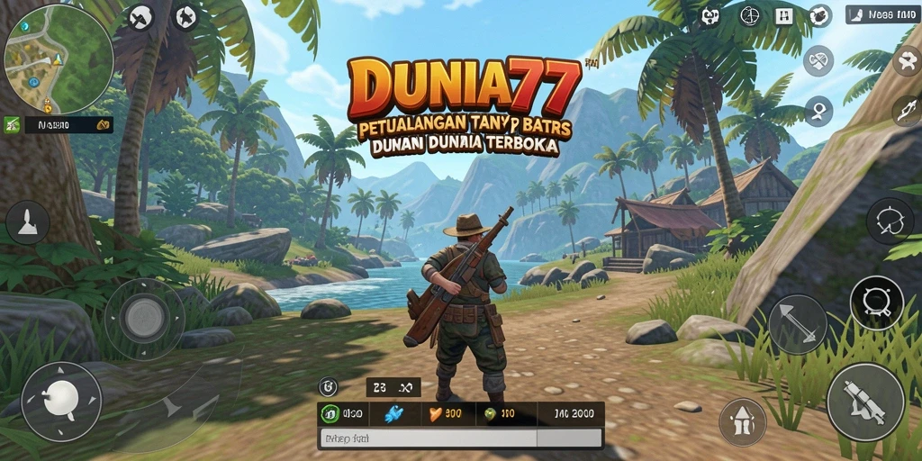 Screenshot gameplay DUNIA77 menampilkan eksplorasi dunia terbuka yang menakjubkan.