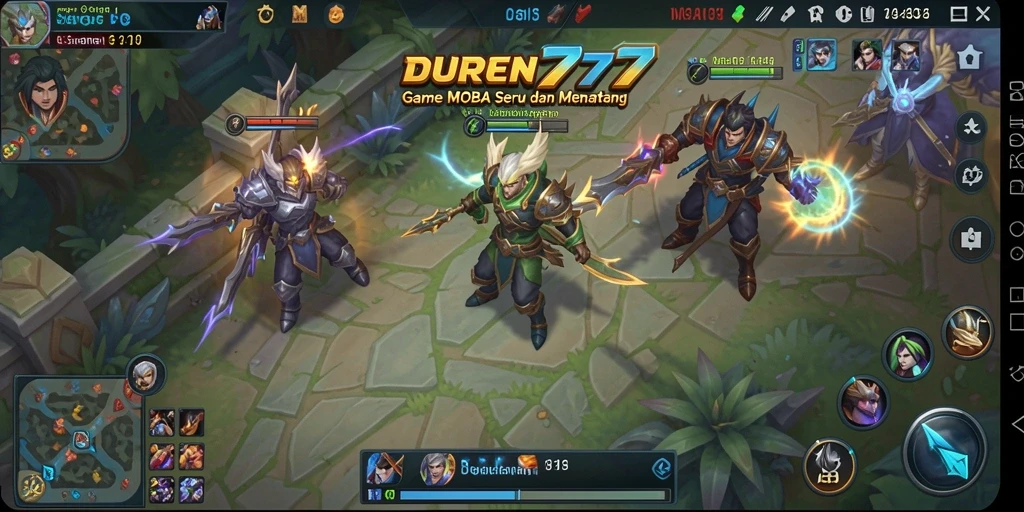 Screenshot menampilkan aksi intens dalam permainan MOBA DUREN777.