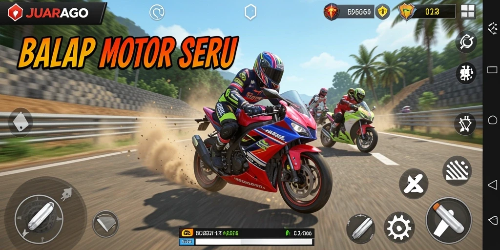 Tampilan balapan seru dari JUARAGO dengan motor cepat dan lintasan menantang.