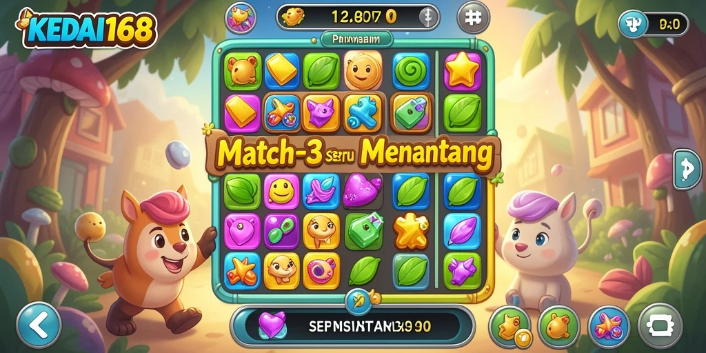 Screenshot utama KEDAI168 menunjukkan gameplay Match-3 yang penuh warna.