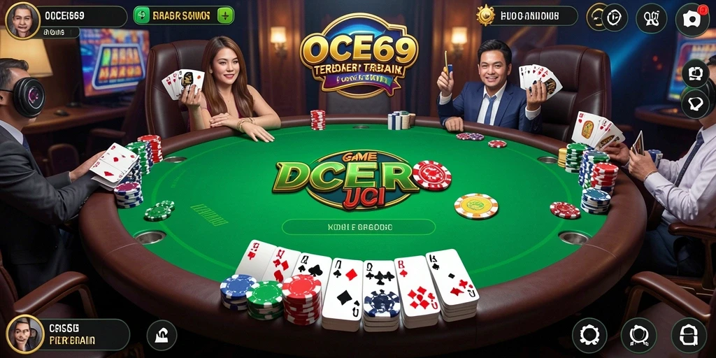 Tampilan menarik gameplay Poker di OCE69 dengan pemain dan kartu.