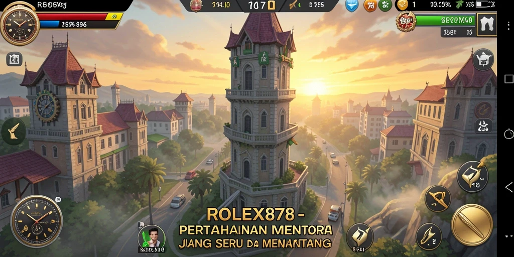 Tampilan gameplay <strong>ROLEX878</strong> dengan strategi menara yang menarik.