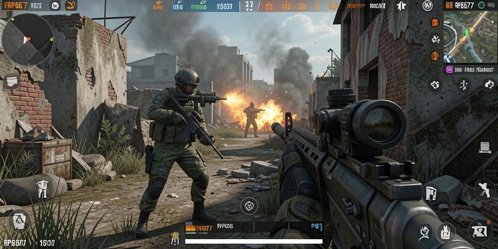 Screenshot utama RP6677 menampilkan aksi pertempuran seru di dalam game FPS.
