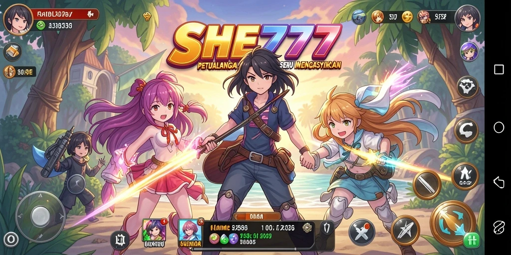 Screenshot utama yang menampilkan petualangan seru di SHE777.