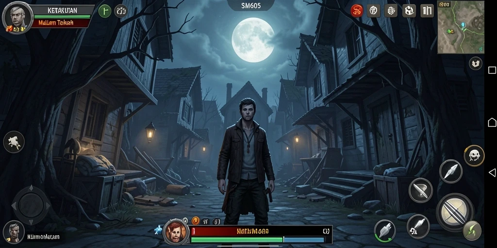 Screenshot gameplay SM605 menampilkan suasana Horror yang mencekam.